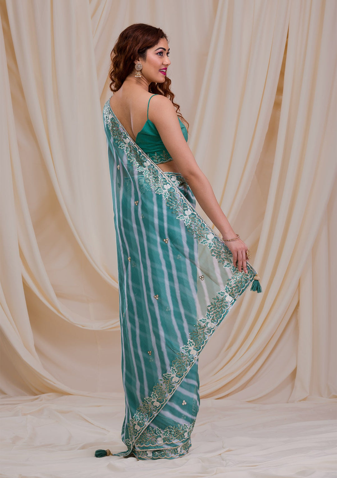 Sea Green Printed Semi Crepe Saree-Koskii