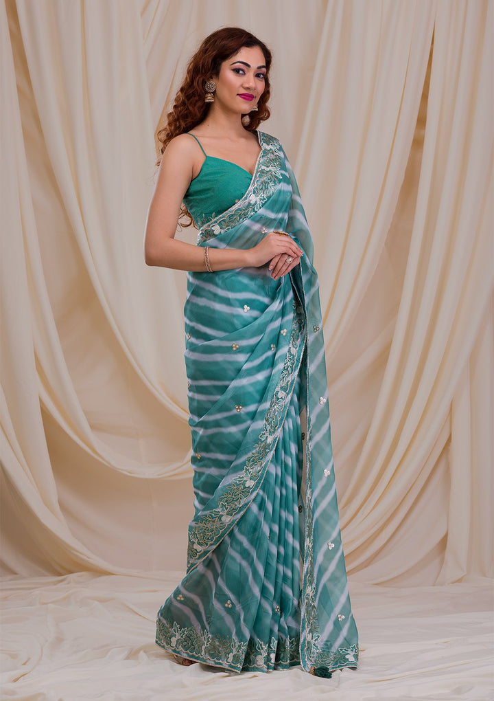 Sea Green Printed Semi Crepe Saree-Koskii