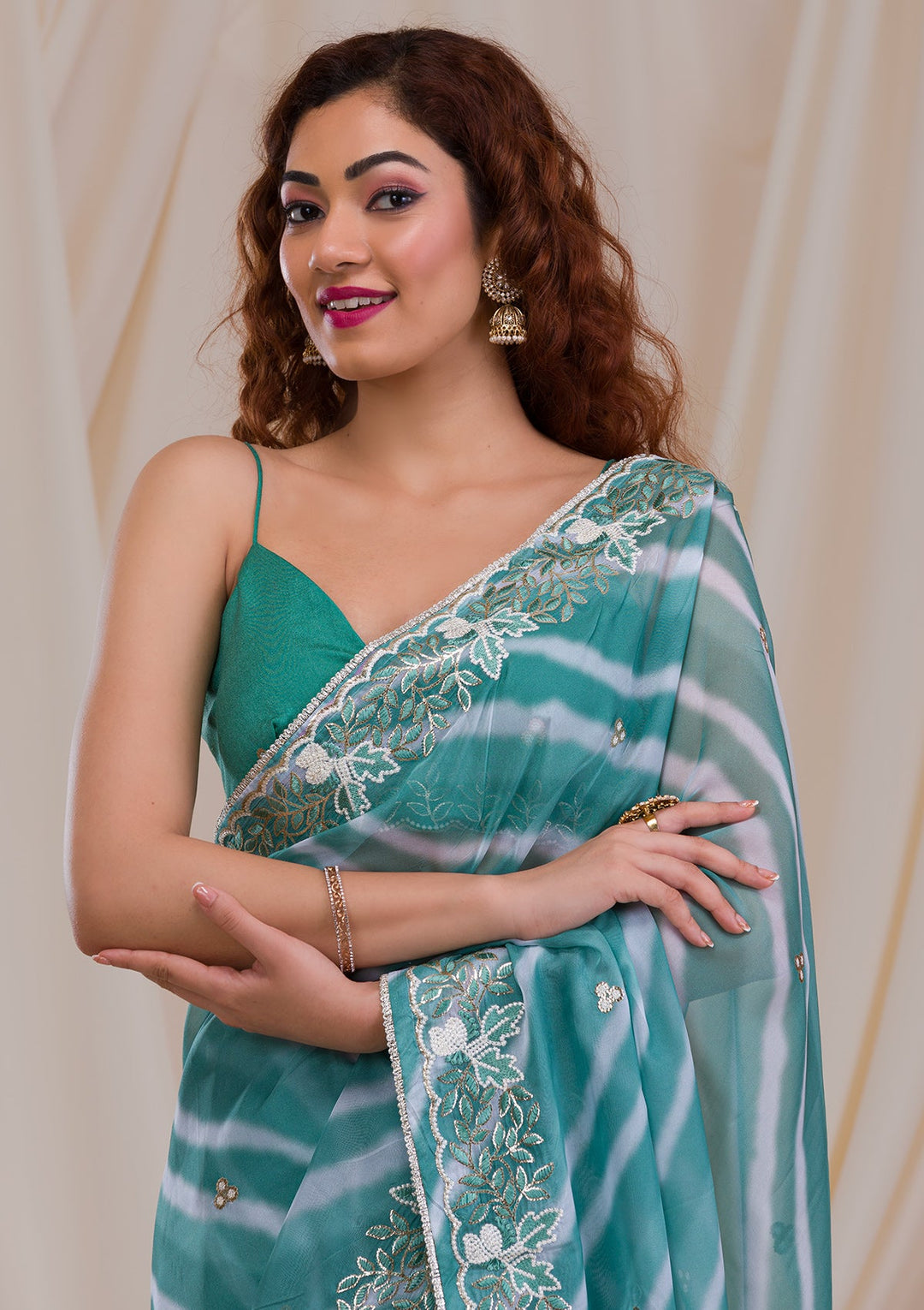 Sea Green Printed Semi Crepe Saree-Koskii