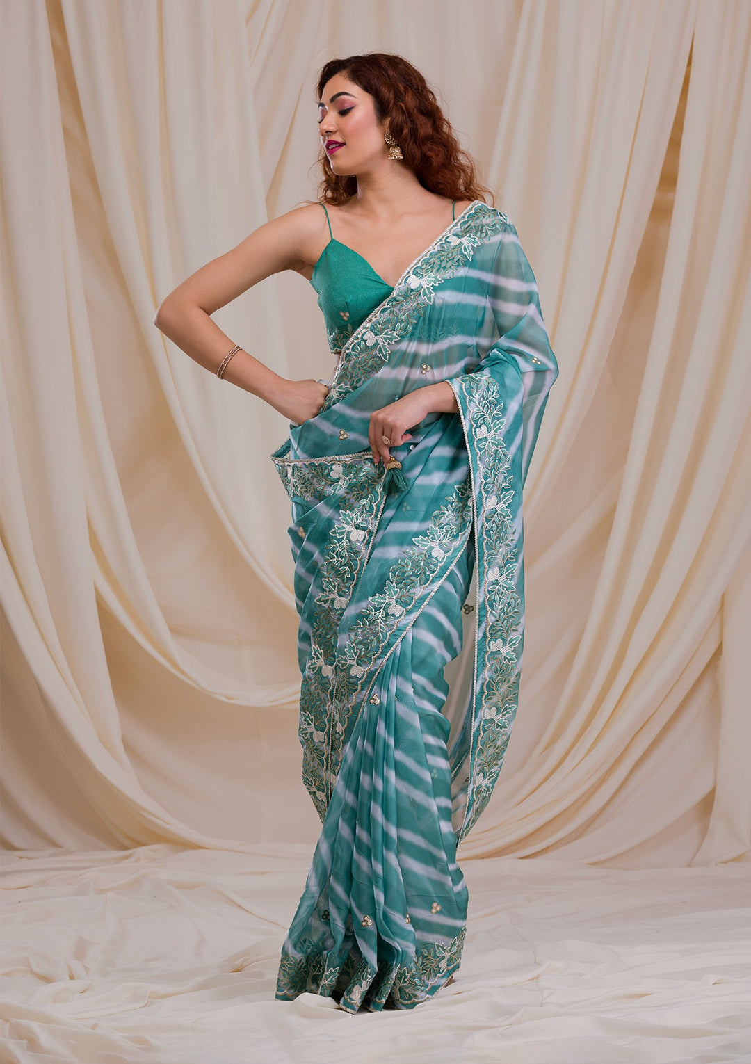 Sea Green Printed Semi Crepe Saree-Koskii