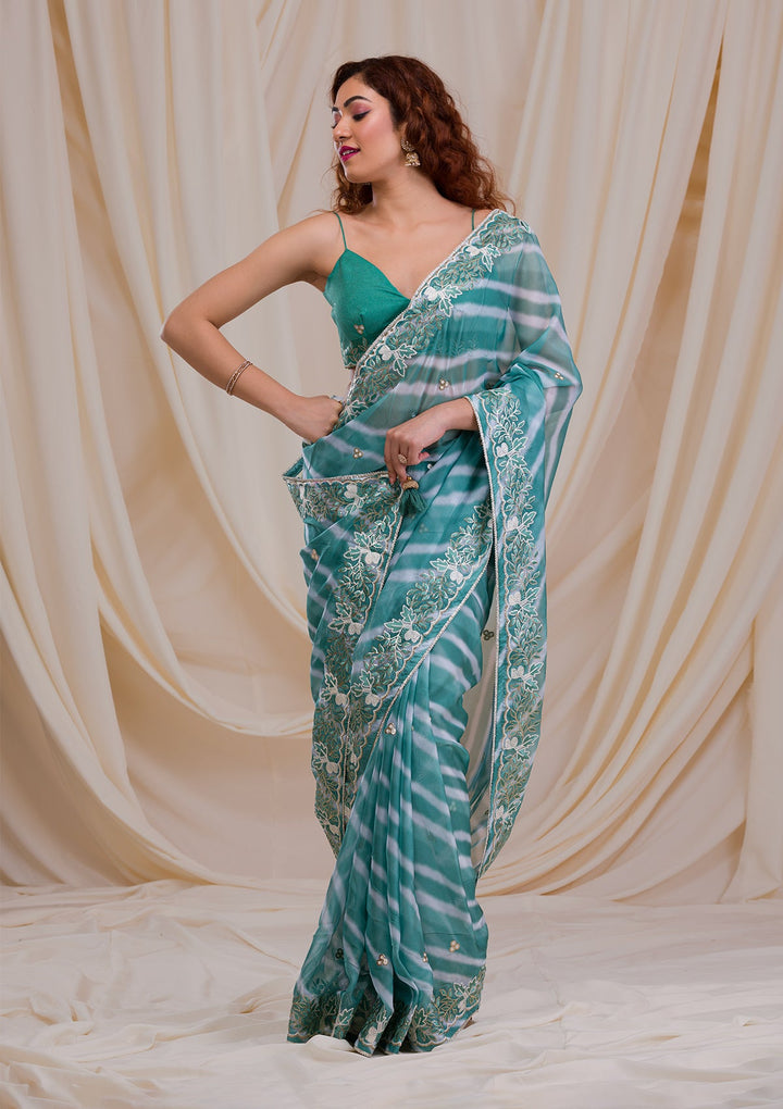 Sea Green Printed Semi Crepe Saree-Koskii