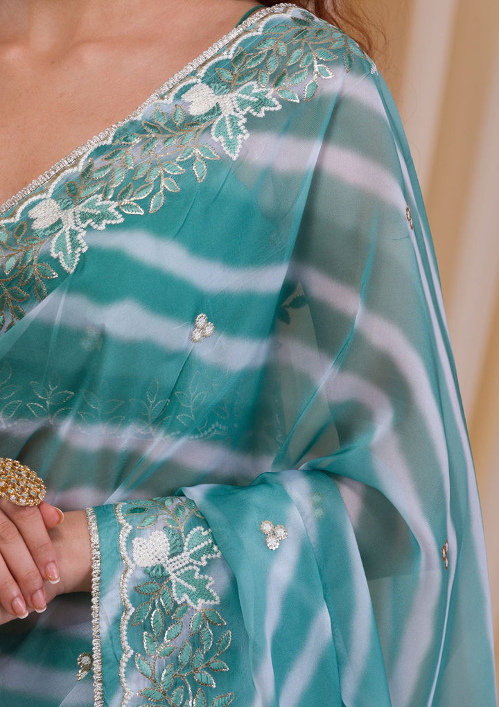 Sea Green Printed Semi Crepe Saree-Koskii