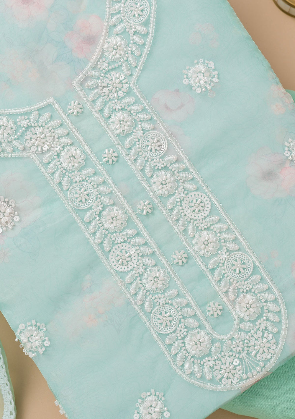 Sea Green Printed Tissue Unstitched Salwar Kameez-Koskii