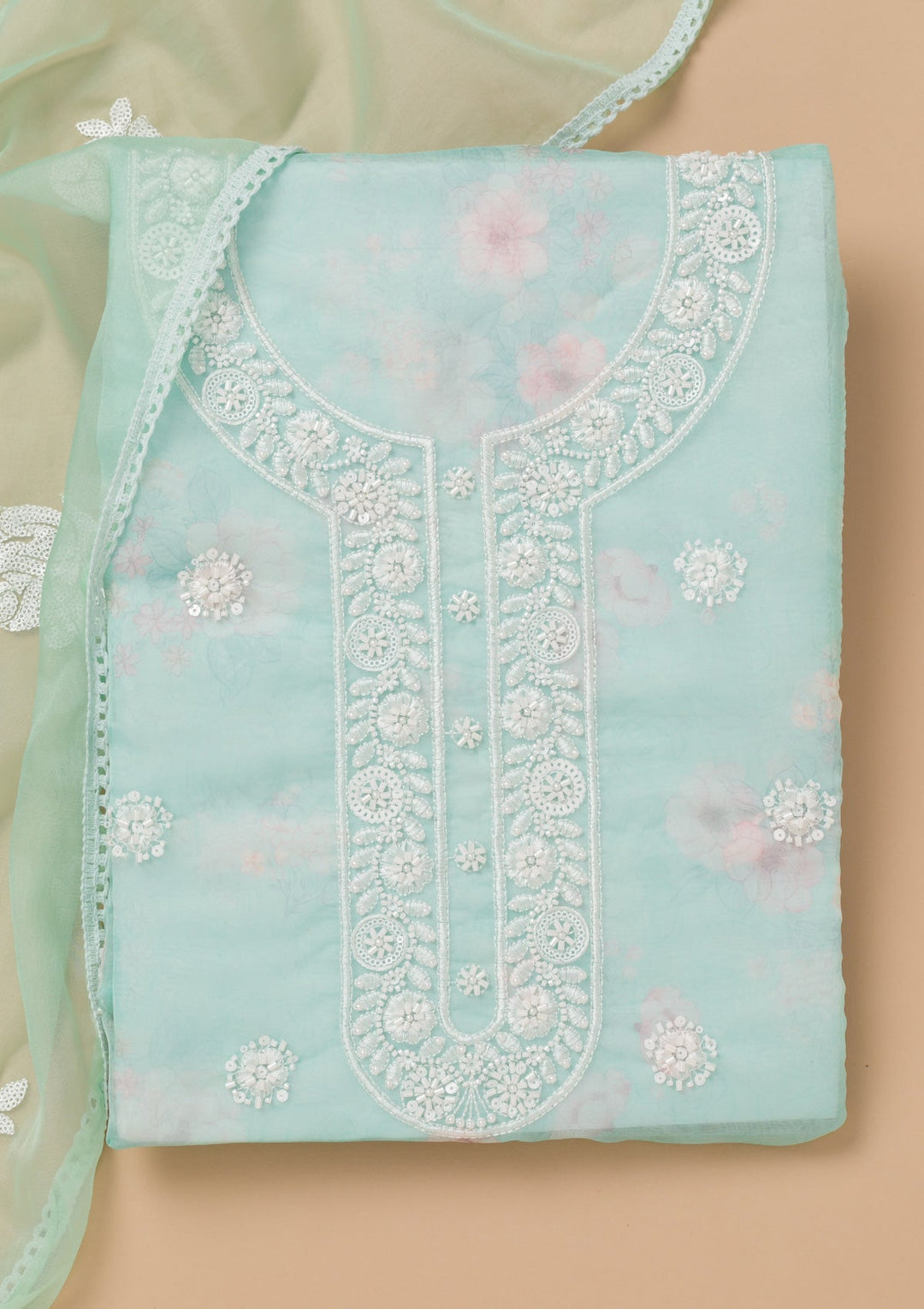 Sea Green Printed Tissue Unstitched Salwar Kameez-Koskii