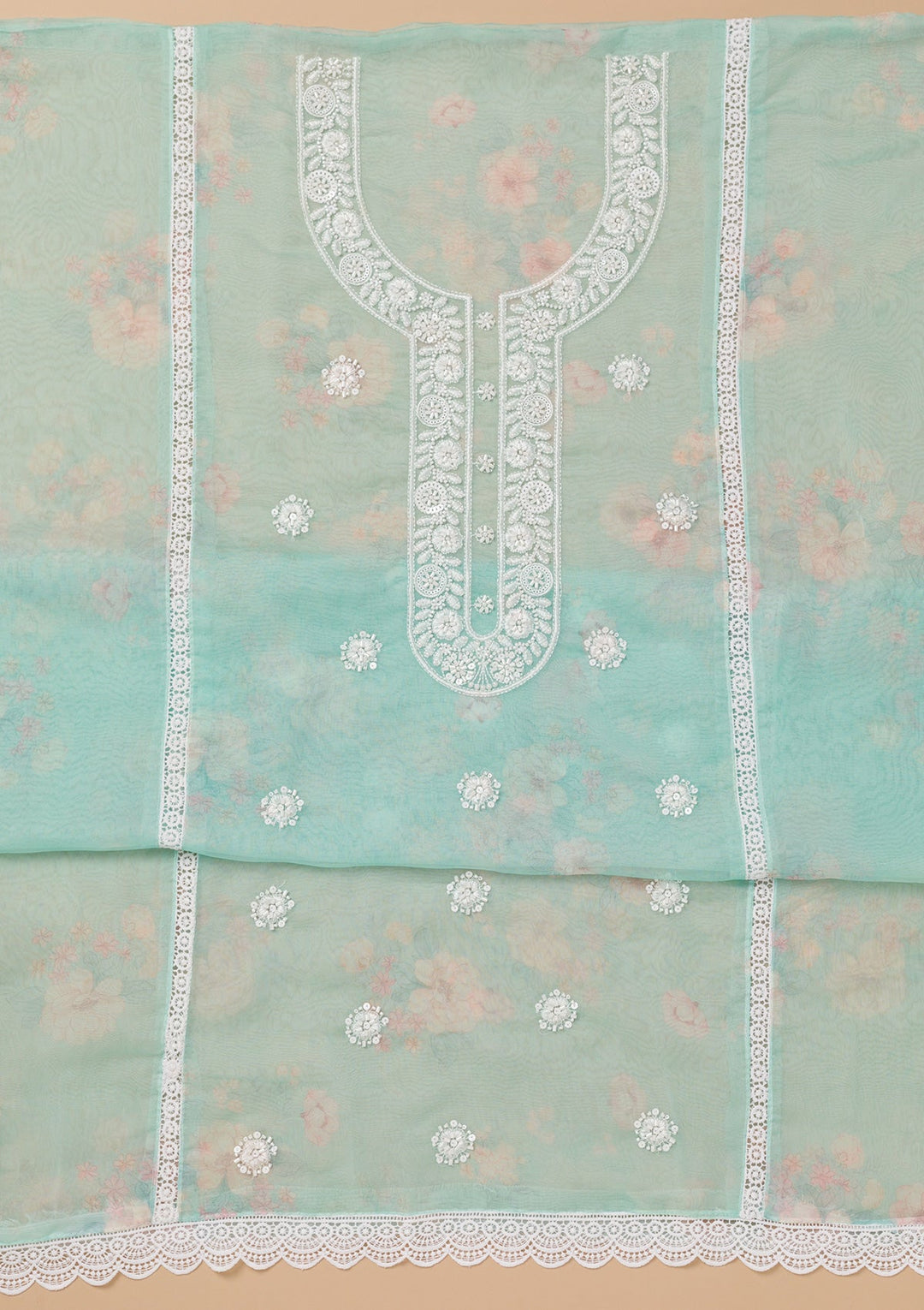 Sea Green Printed Tissue Unstitched Salwar Kameez-Koskii