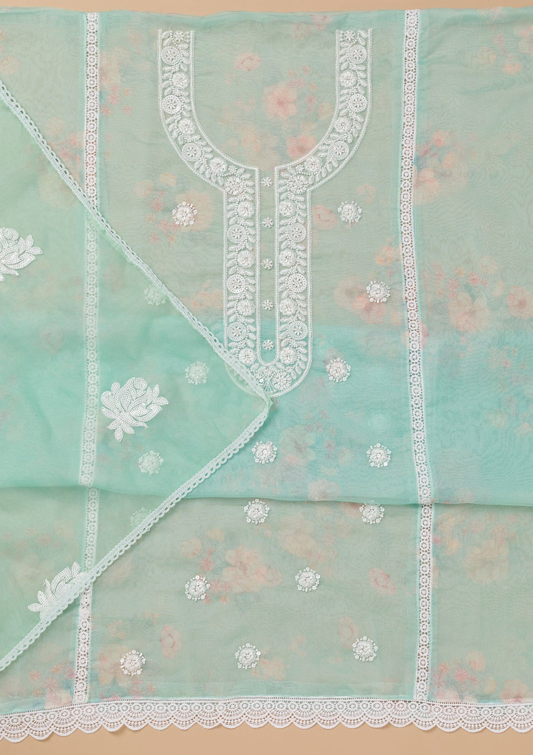 Sea Green Printed Tissue Unstitched Salwar Kameez-Koskii