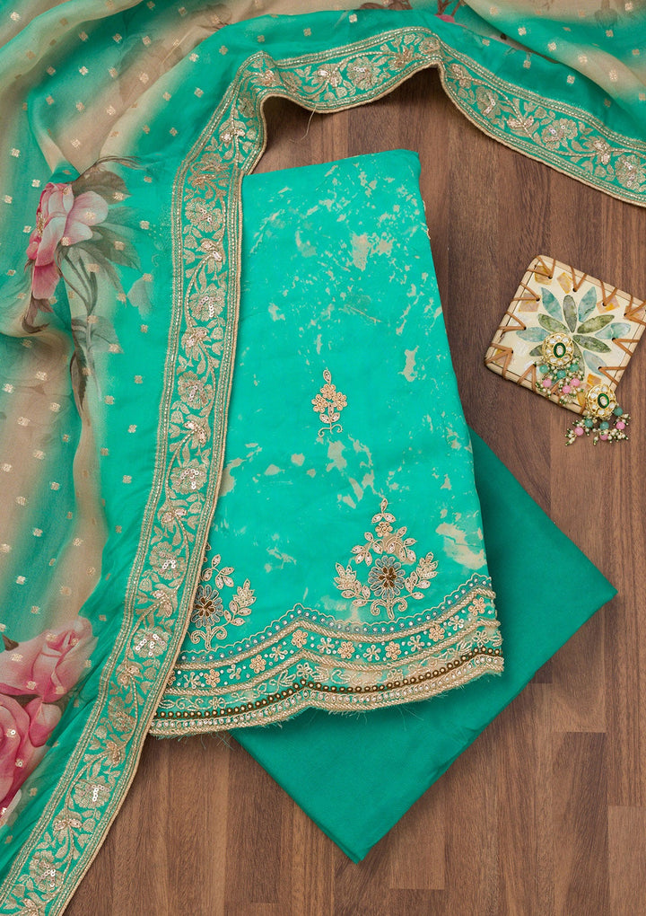 Sea Green Printed Tissue Unstitched Salwar Suit-Koskii