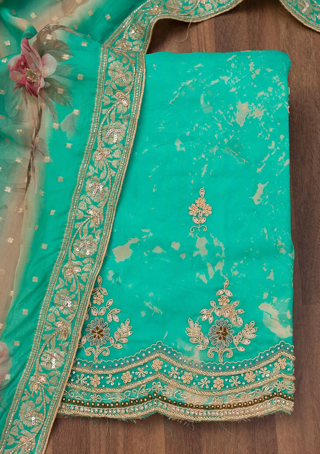 Sea Green Printed Tissue Unstitched Salwar Suit-Koskii