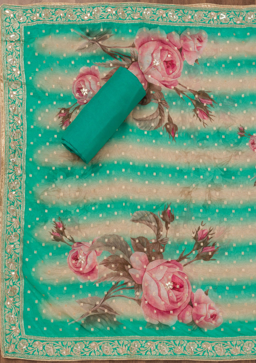 Sea Green Printed Tissue Unstitched Salwar Suit-Koskii