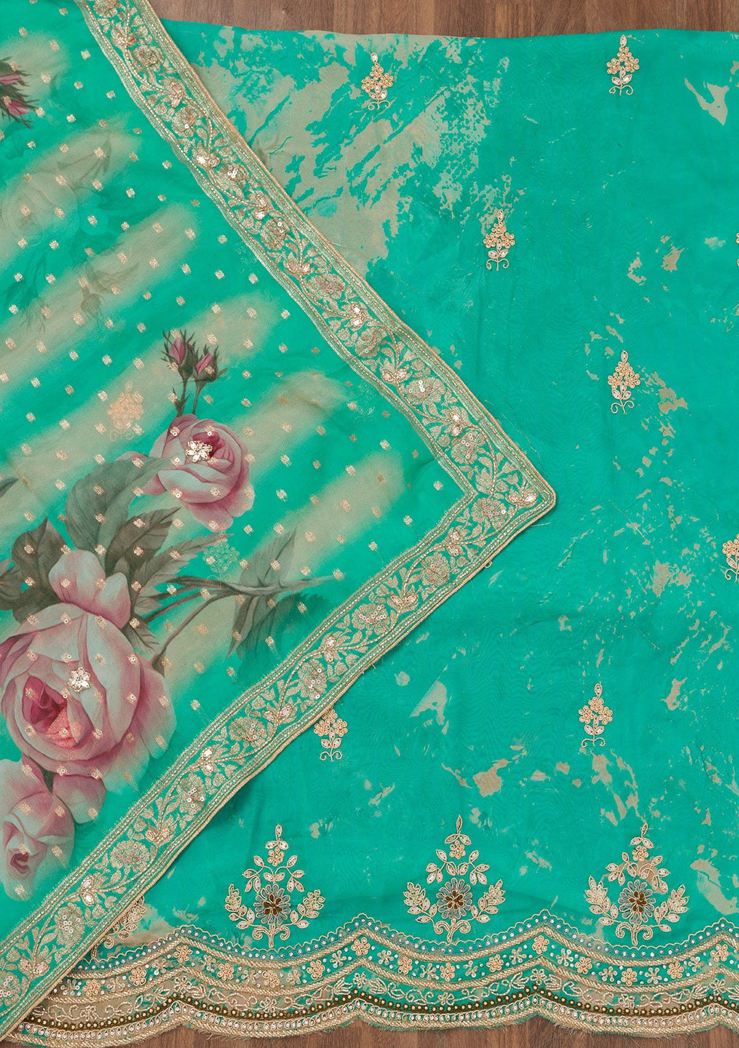 Sea Green Printed Tissue Unstitched Salwar Suit-Koskii