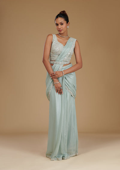 Sea Green Sequins Chiffon Readymade Saree-Koskii