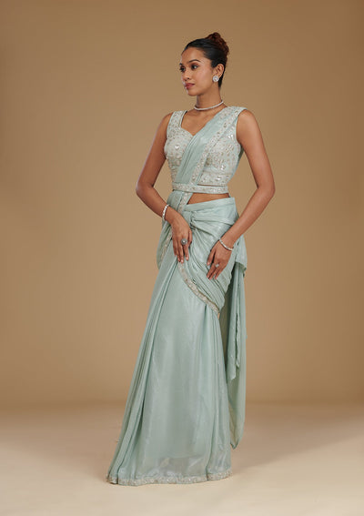 Sea Green Sequins Chiffon Readymade Saree-Koskii