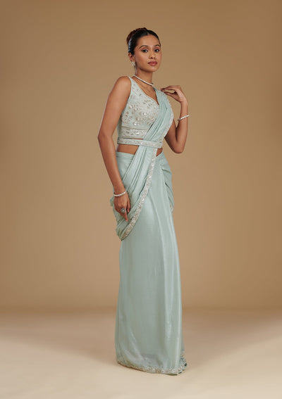 Sea Green Sequins Chiffon Readymade Saree-Koskii