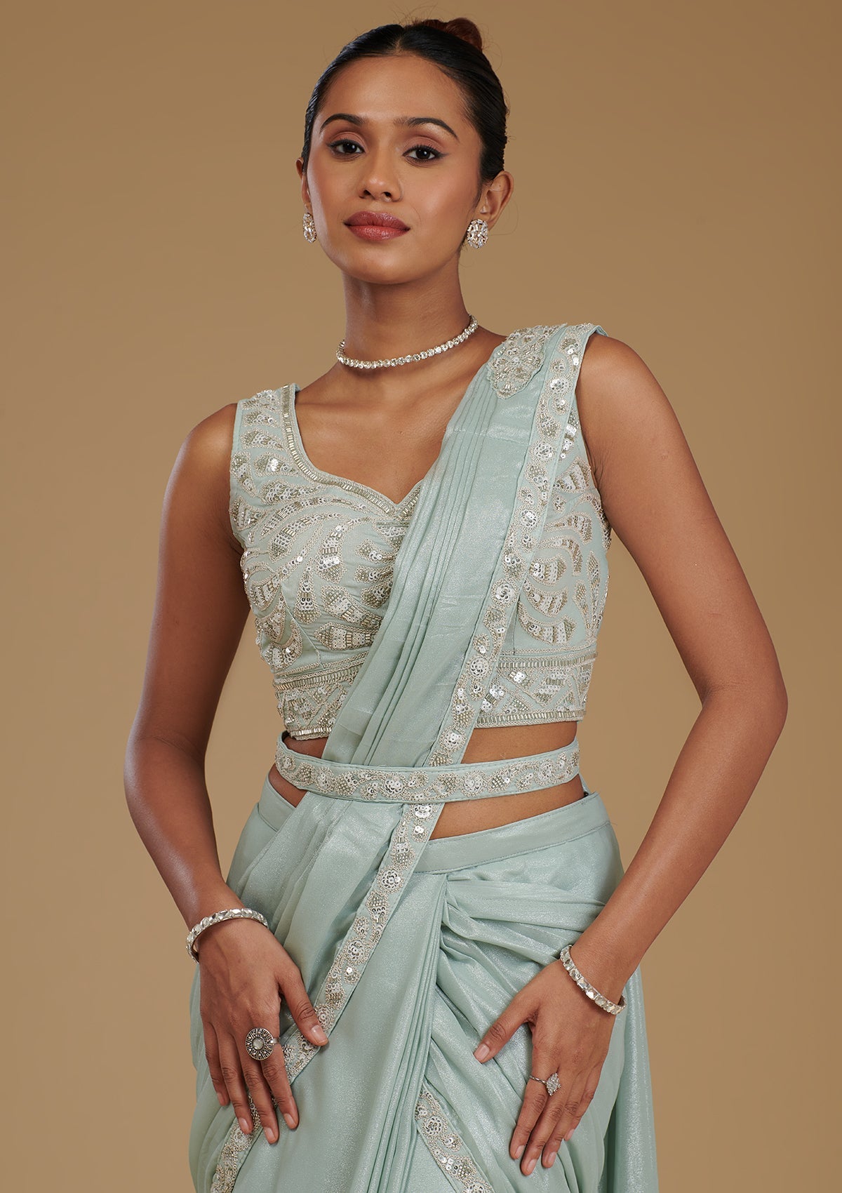 Sea Green Sequins Chiffon Readymade Saree-Koskii