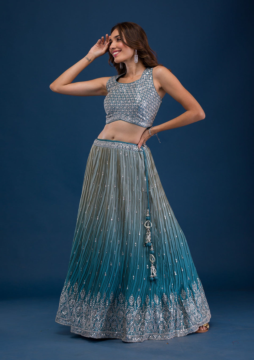 Sea Green Sequins Georgette Readymade Lehenga-Koskii