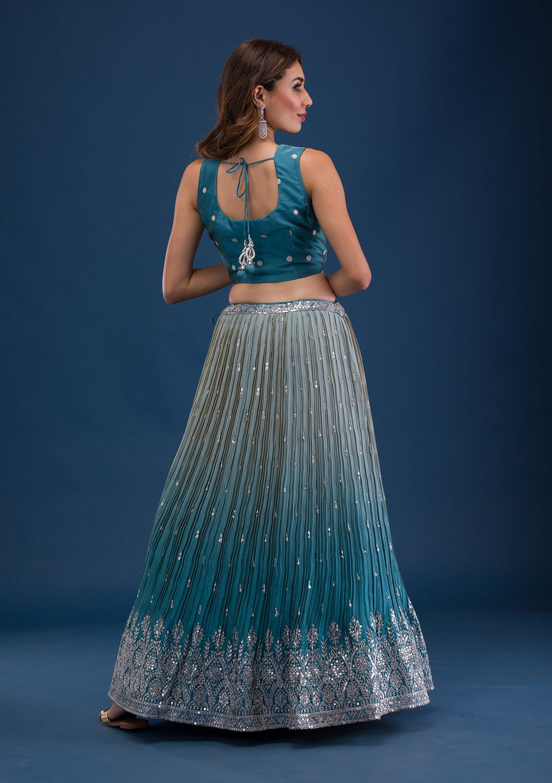Sea Green Sequins Georgette Readymade Lehenga-Koskii