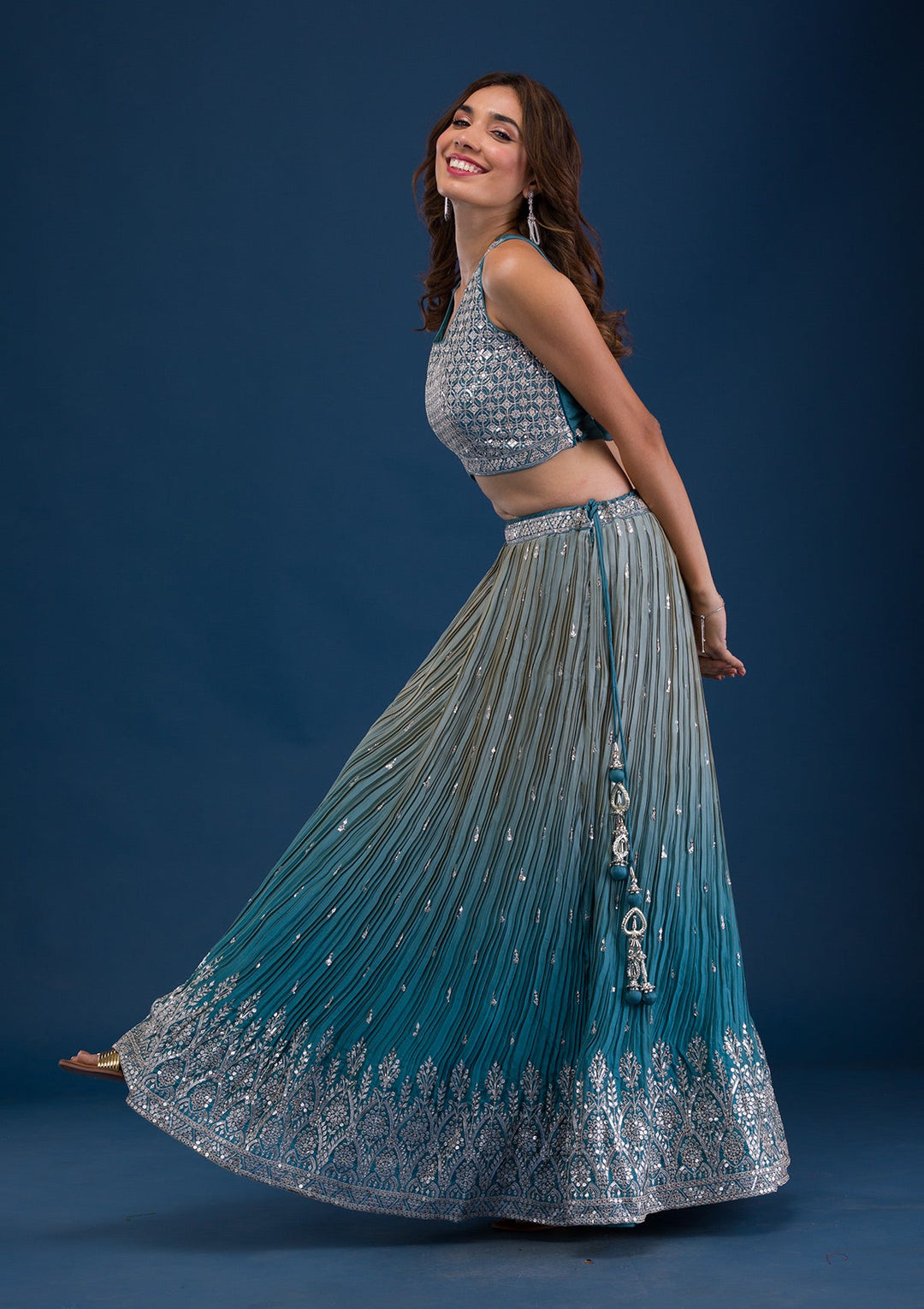 Sea Green Sequins Georgette Readymade Lehenga-Koskii