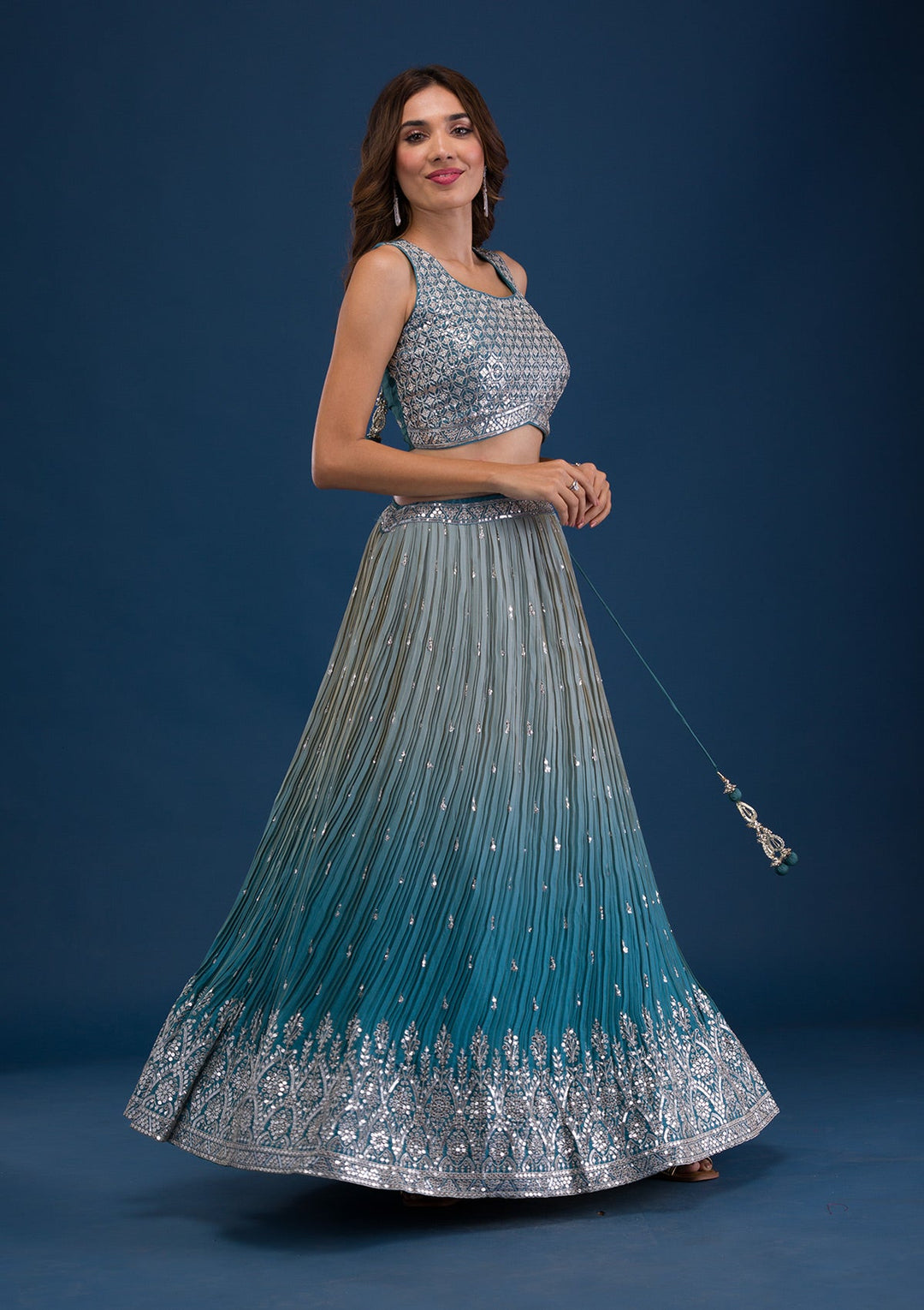 Sea Green Sequins Georgette Readymade Lehenga-Koskii