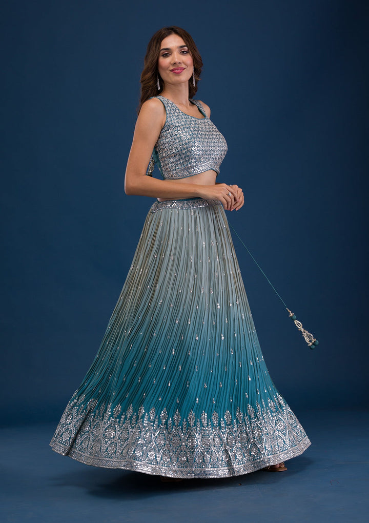 Sea Green Sequins Georgette Readymade Lehenga-Koskii