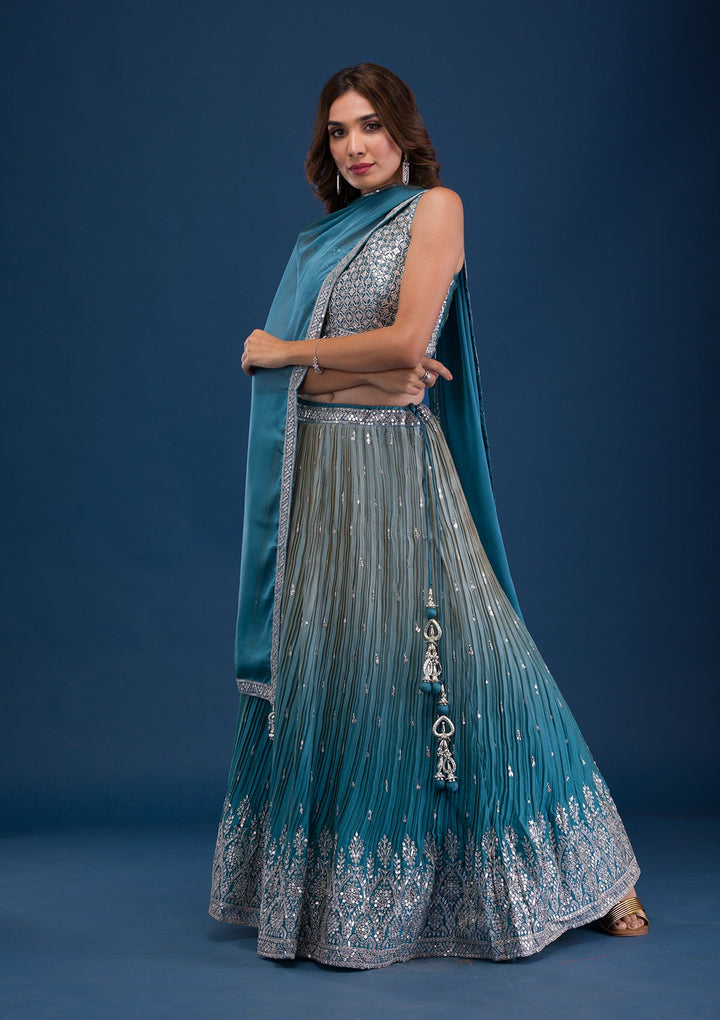 Sea Green Sequins Georgette Readymade Lehenga-Koskii