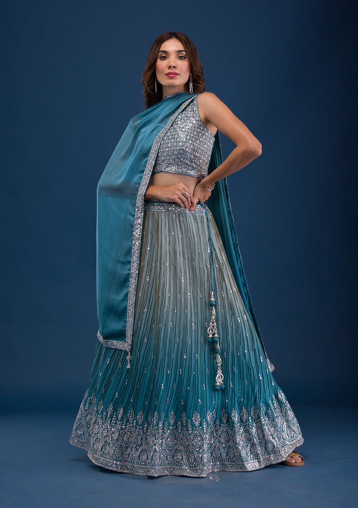 Sea Green Sequins Georgette Readymade Lehenga-Koskii