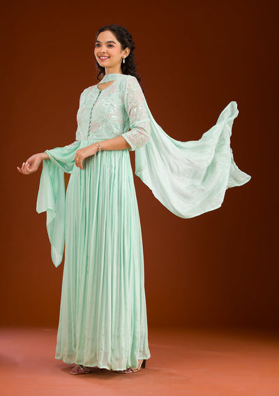 Sea Green Sequins Georgette Readymade Salwar Suit-Koskii