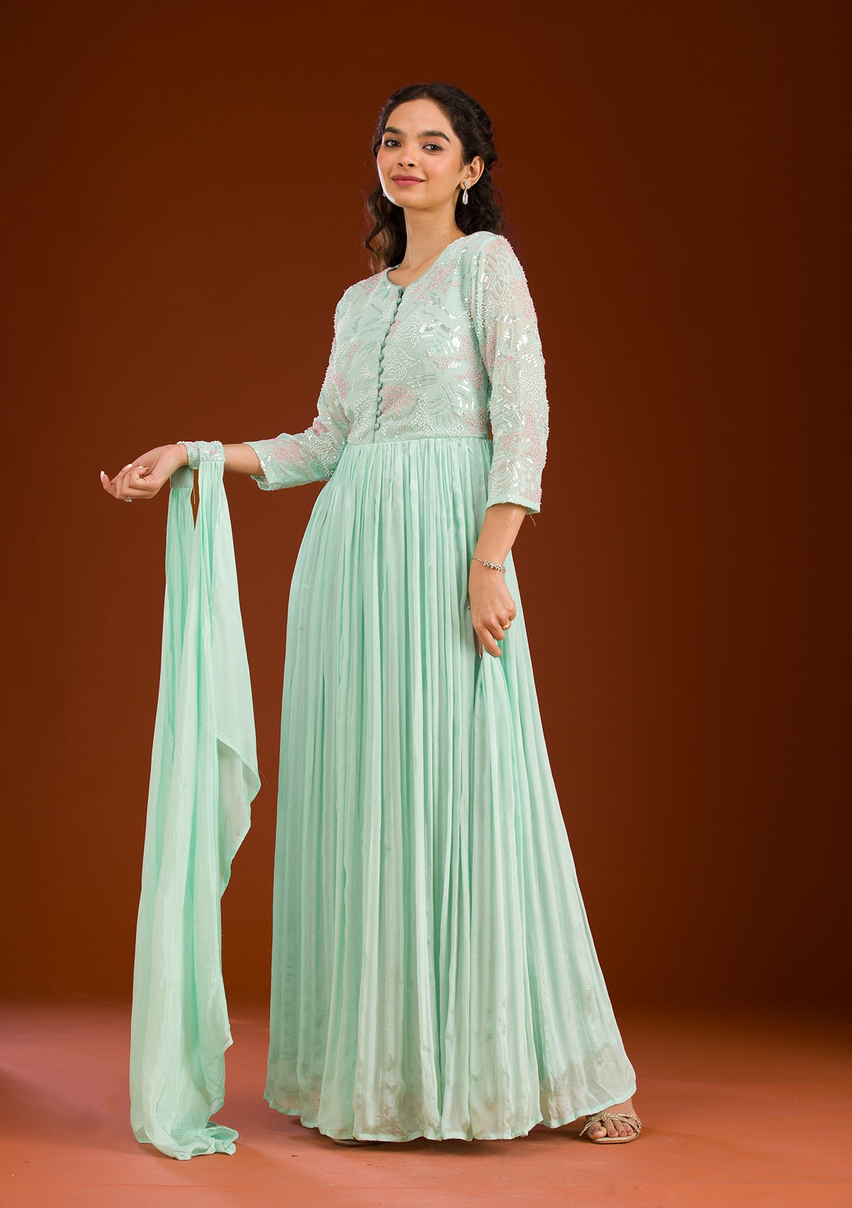 Sea Green Sequins Georgette Readymade Salwar Suit