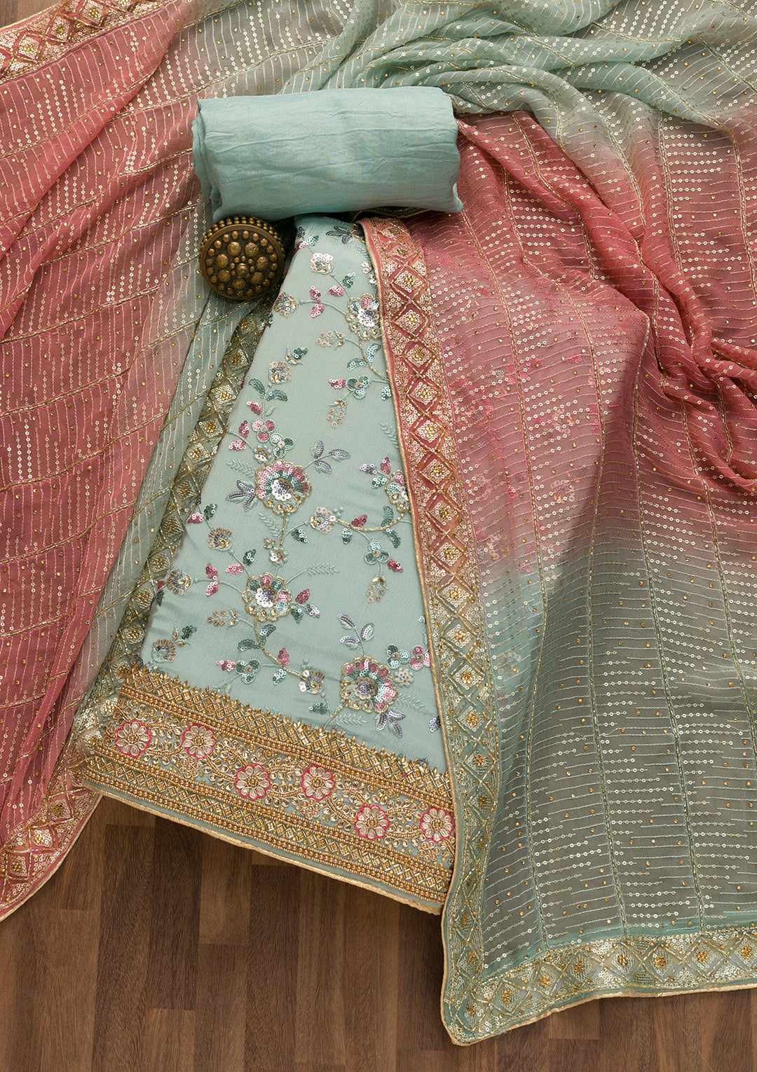 Sea Green Sequins Georgette Unstitched Salwar Suit-Koskii