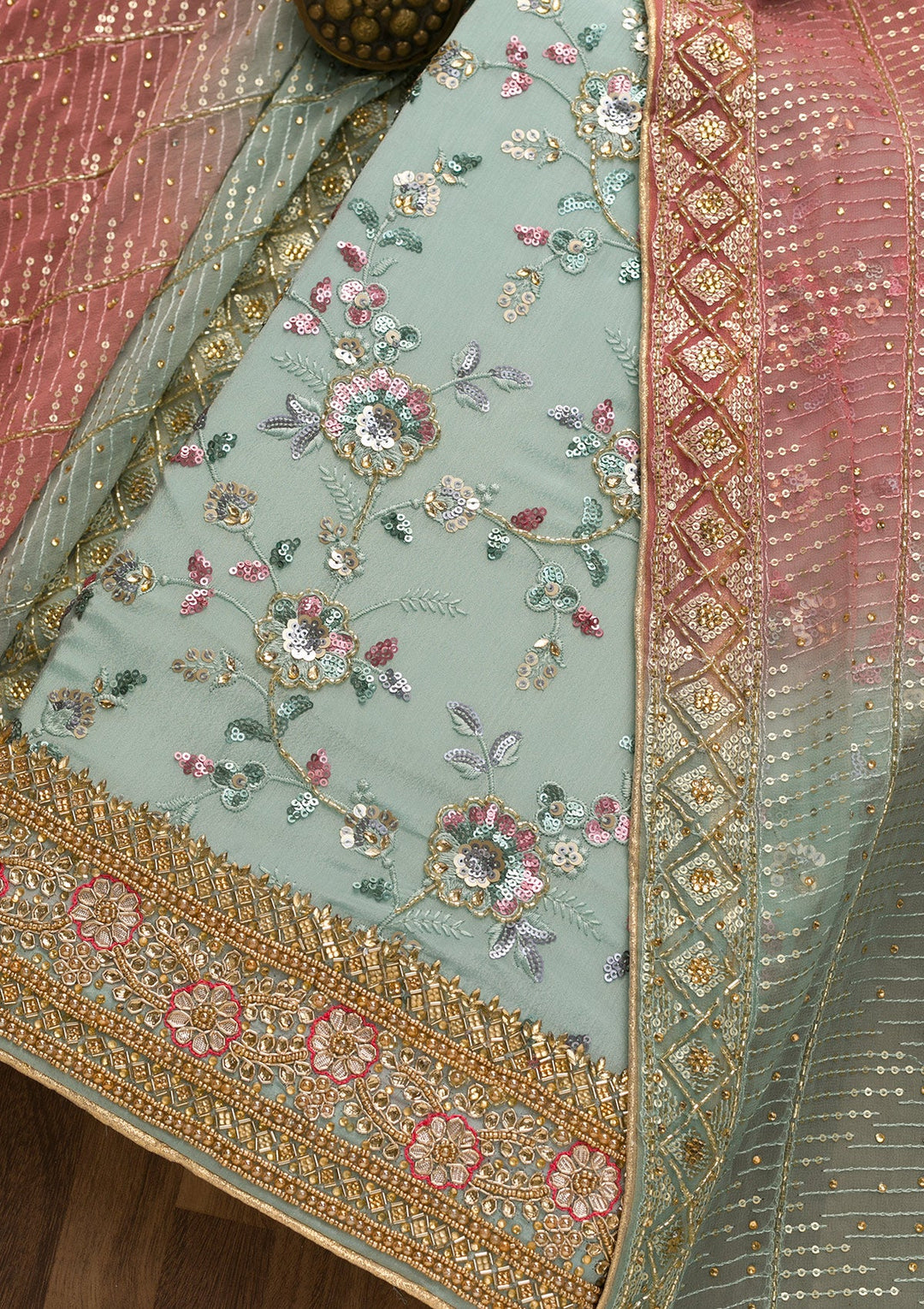 Sea Green Sequins Georgette Unstitched Salwar Suit-Koskii