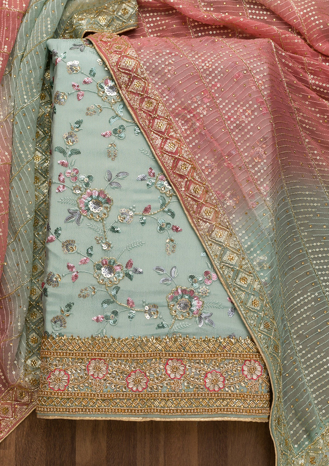 Sea Green Sequins Georgette Unstitched Salwar Suit-Koskii