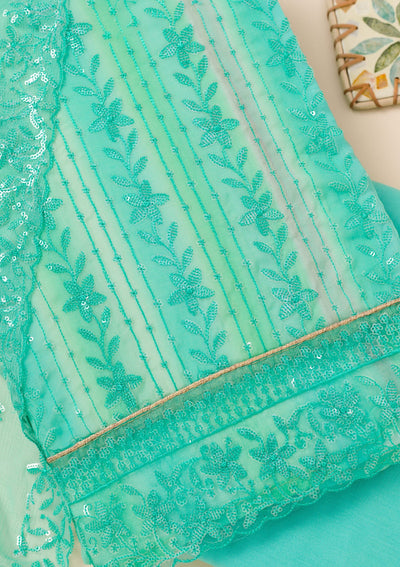 Sea Green Sequins Georgette Unstitched Salwar Suit-Koskii