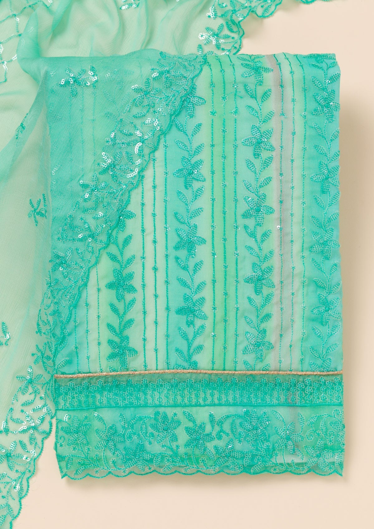 Sea Green Sequins Georgette Unstitched Salwar Suit-Koskii