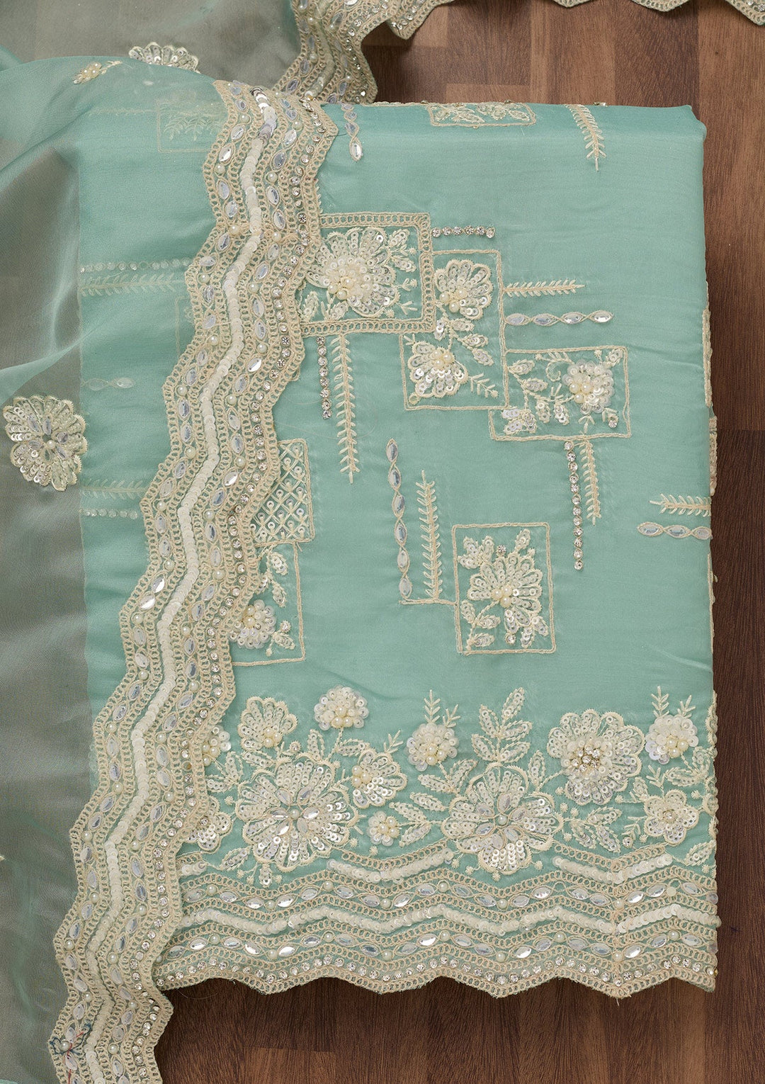 Sea Green Sequins Georgette Unstitched Salwar Suit-Koskii
