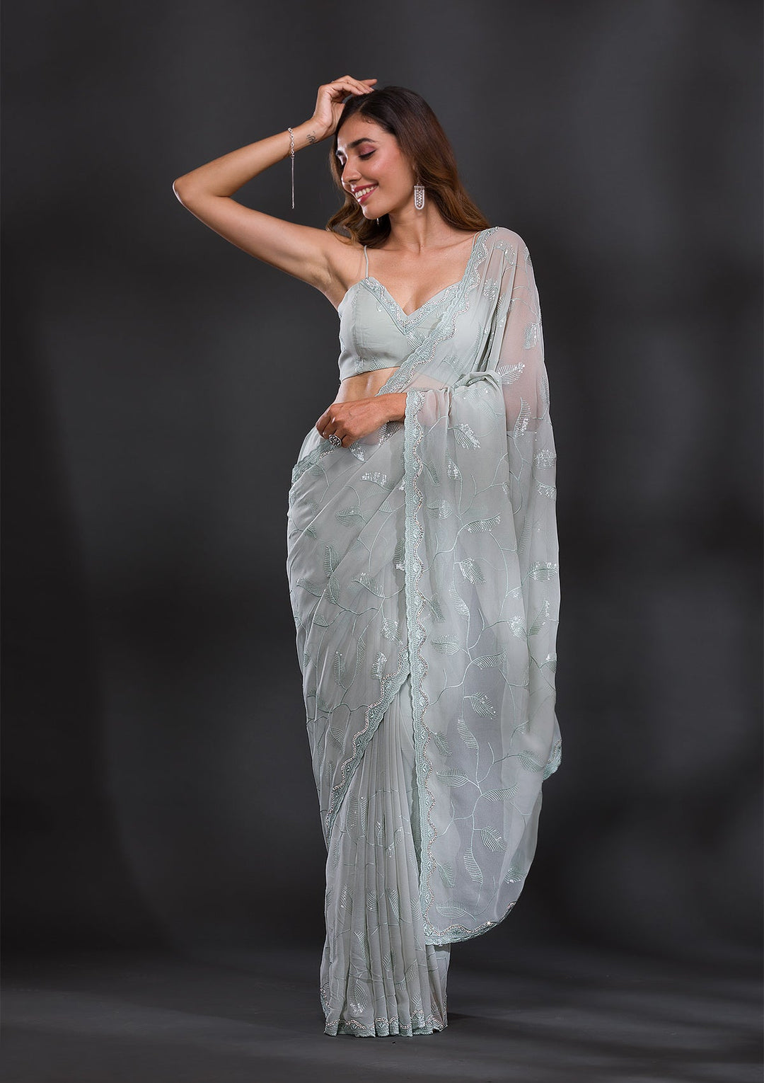 Sea Green Sequins Georgette Saree-Koskii
