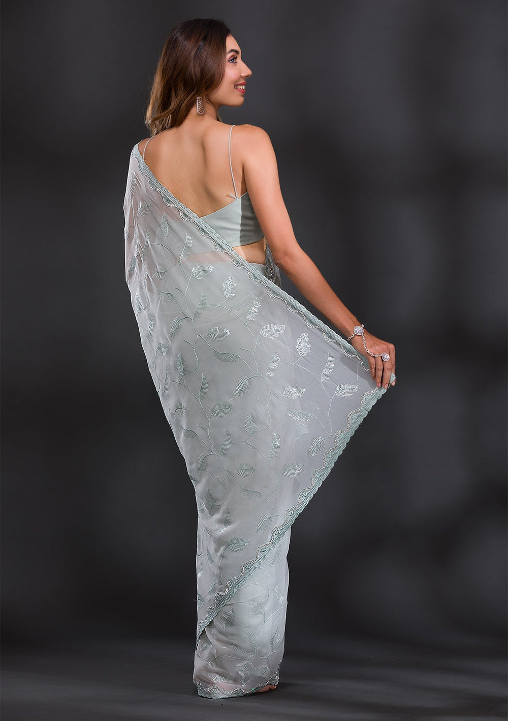 Sea Green Sequins Georgette Saree-Koskii