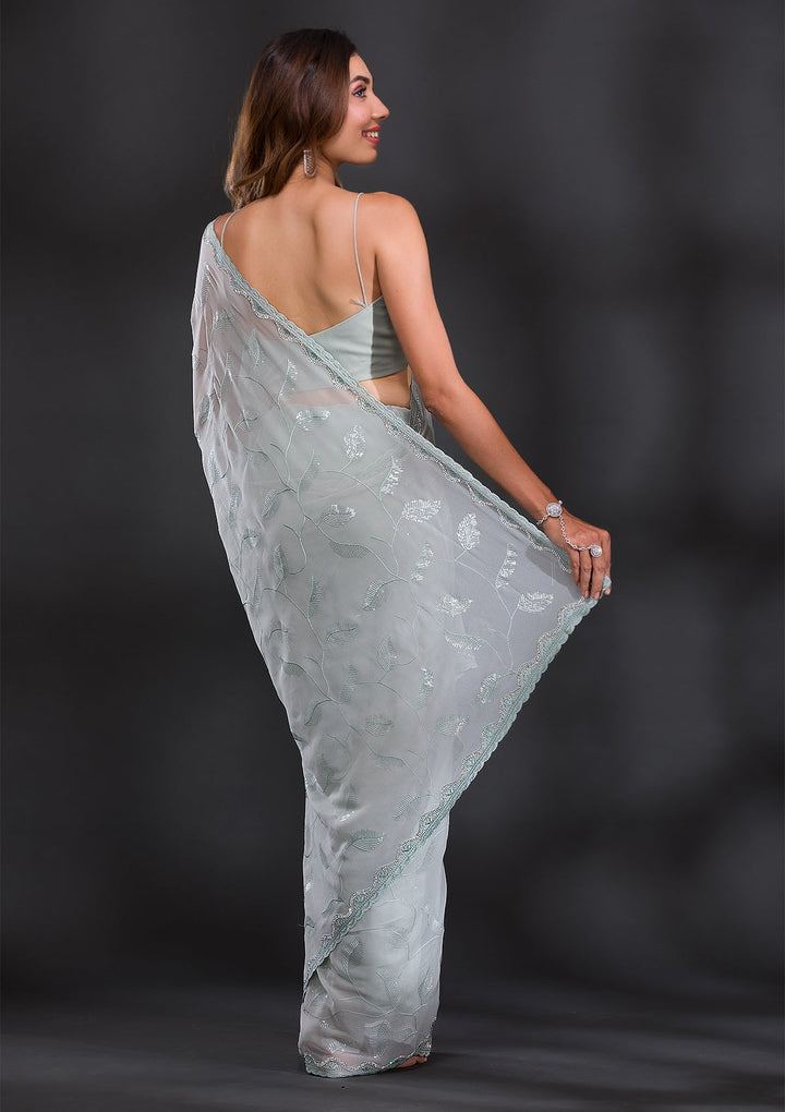 Sea Green Sequins Georgette Saree-Koskii