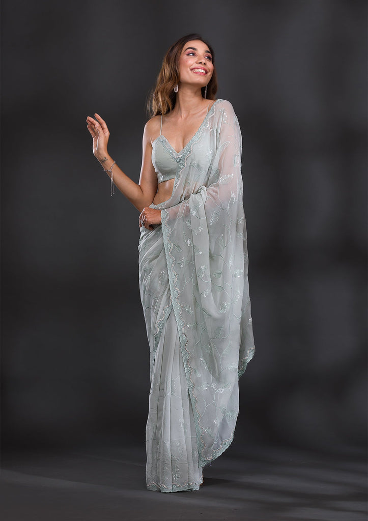 Buy Sea Green Sequins Georgette Saree - Koskii