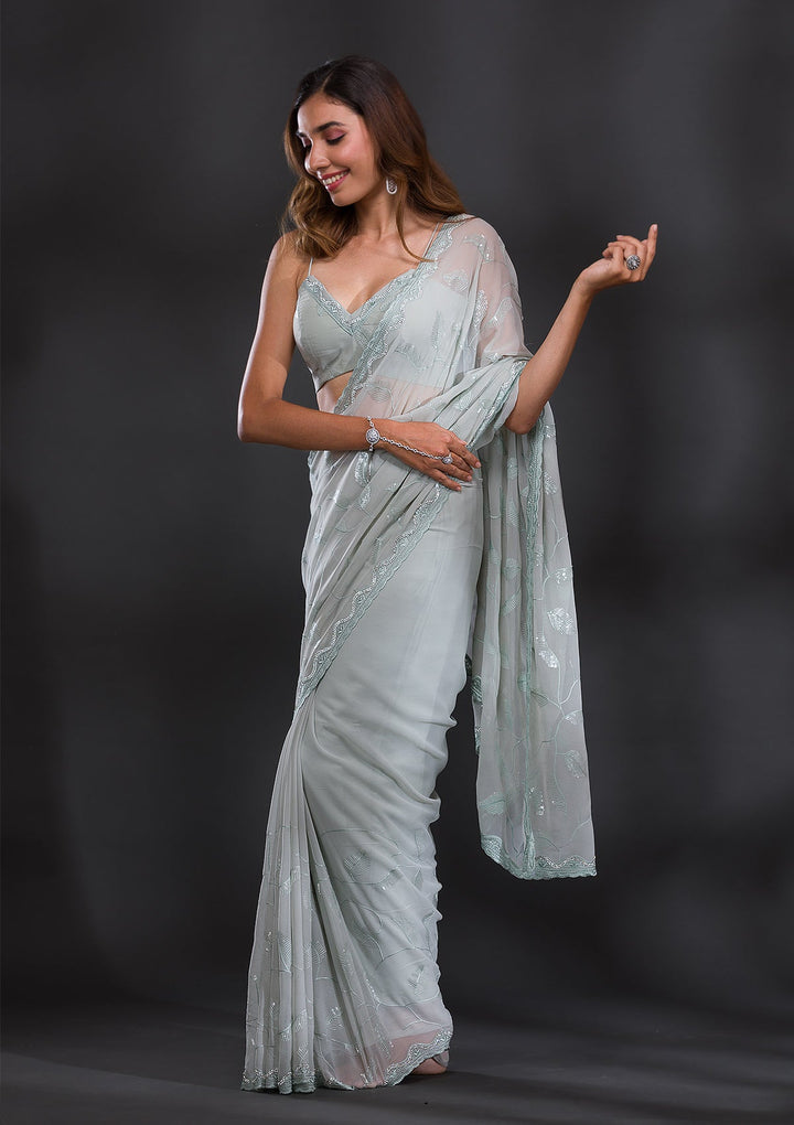 Sea Green Sequins Georgette Saree-Koskii