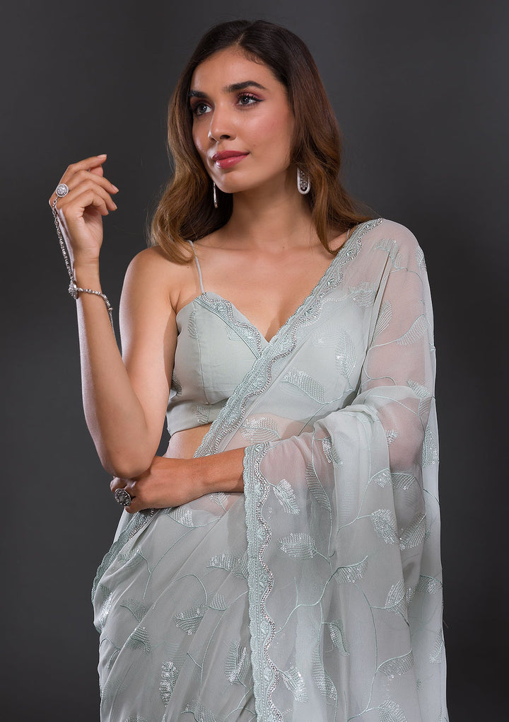 Sea Green Sequins Georgette Saree-Koskii