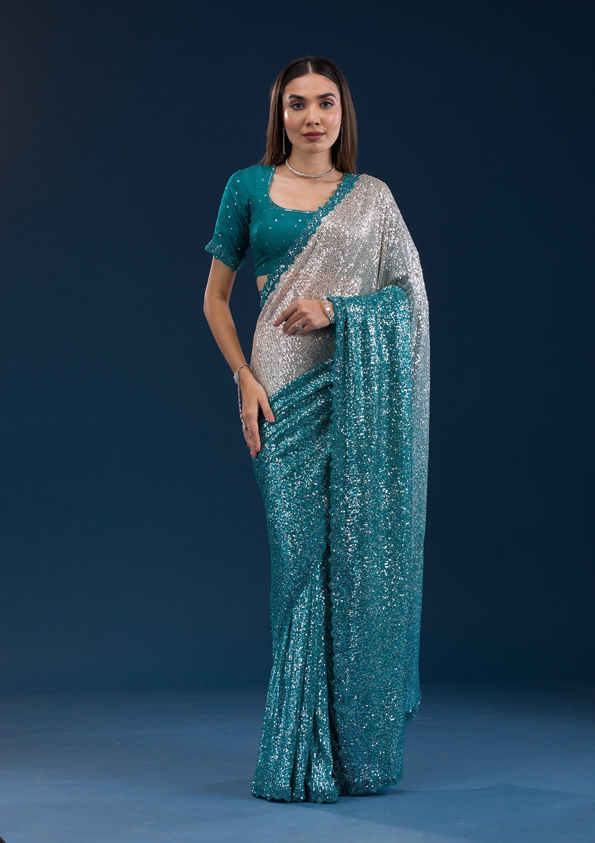 Sea Green Sequins Georgette Saree-Koskii