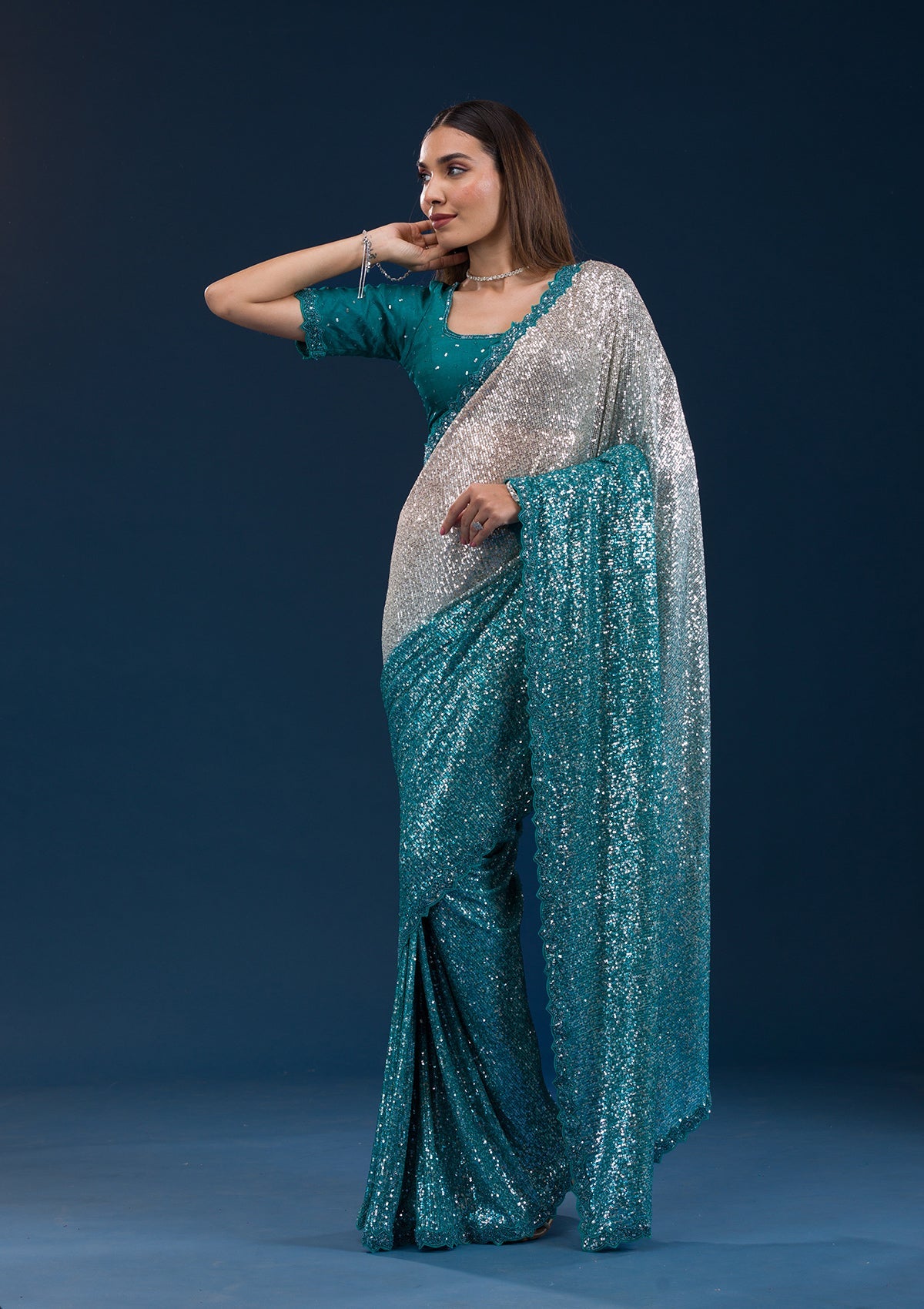 Sea Green Sequins Georgette Saree-Koskii