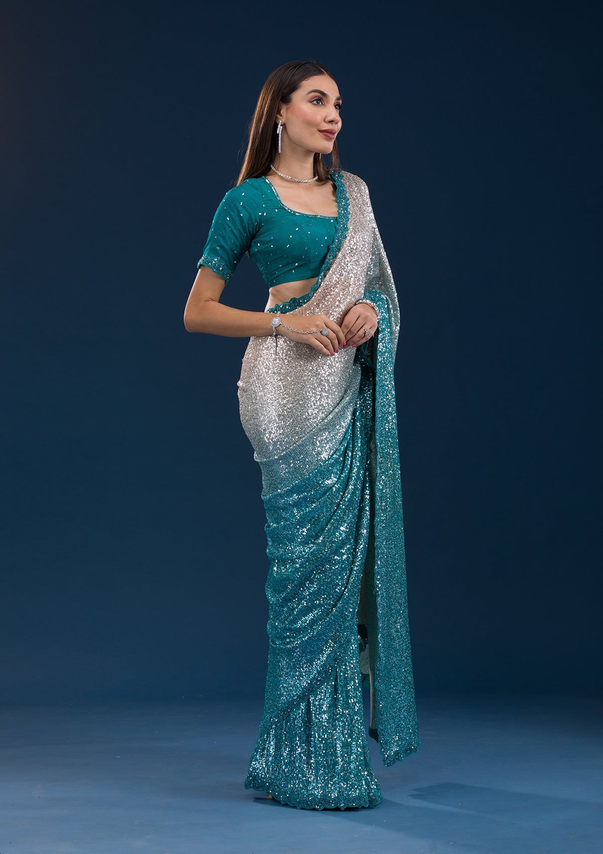 Sea Green Sequins Georgette Saree-Koskii