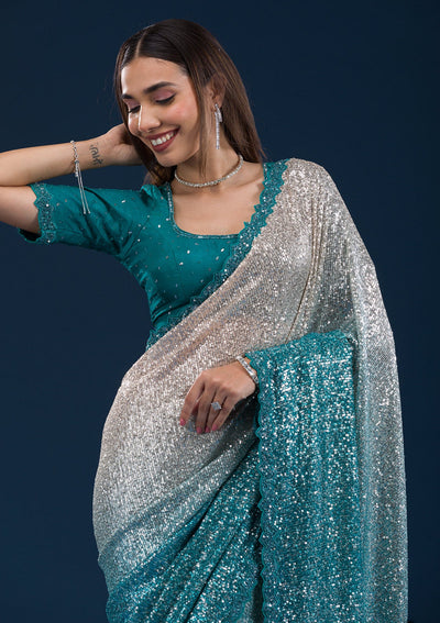 Sea Green Sequins Georgette Saree-Koskii