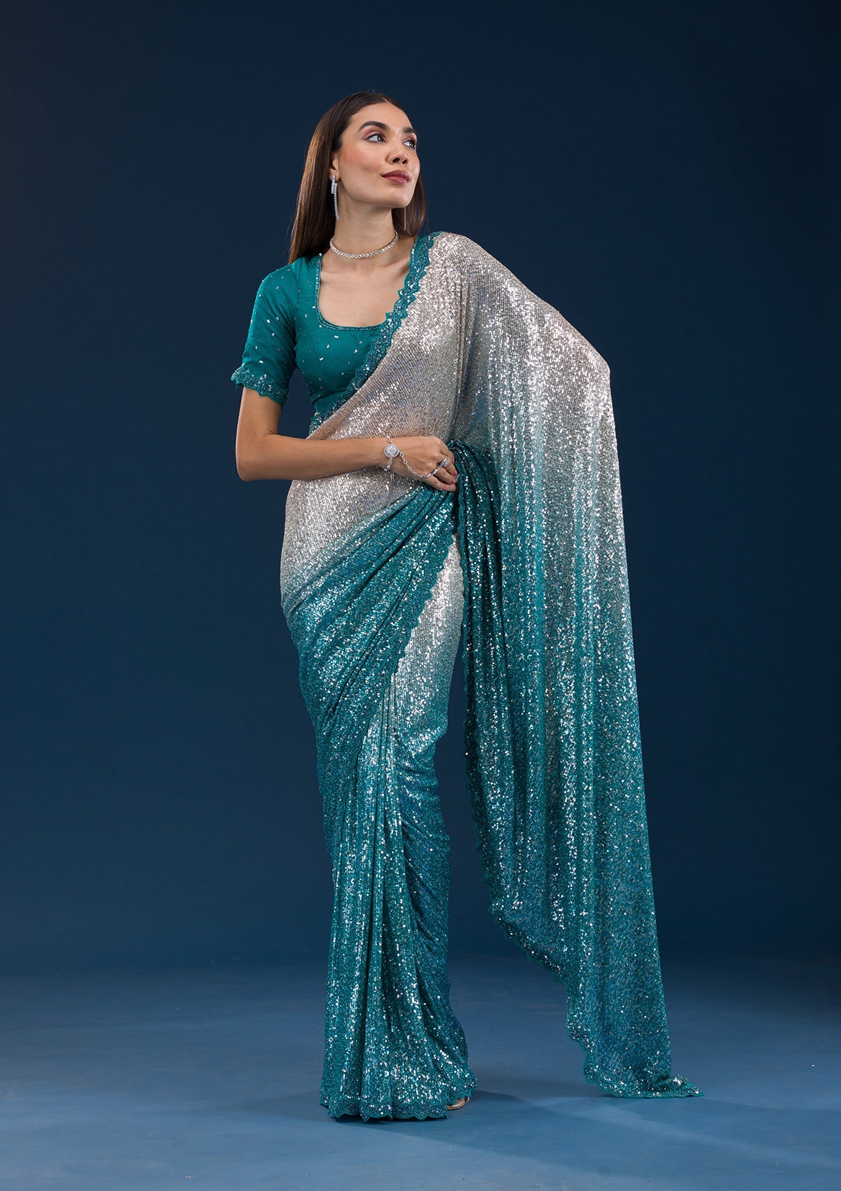 Sea Green Sequins Georgette Saree-Koskii