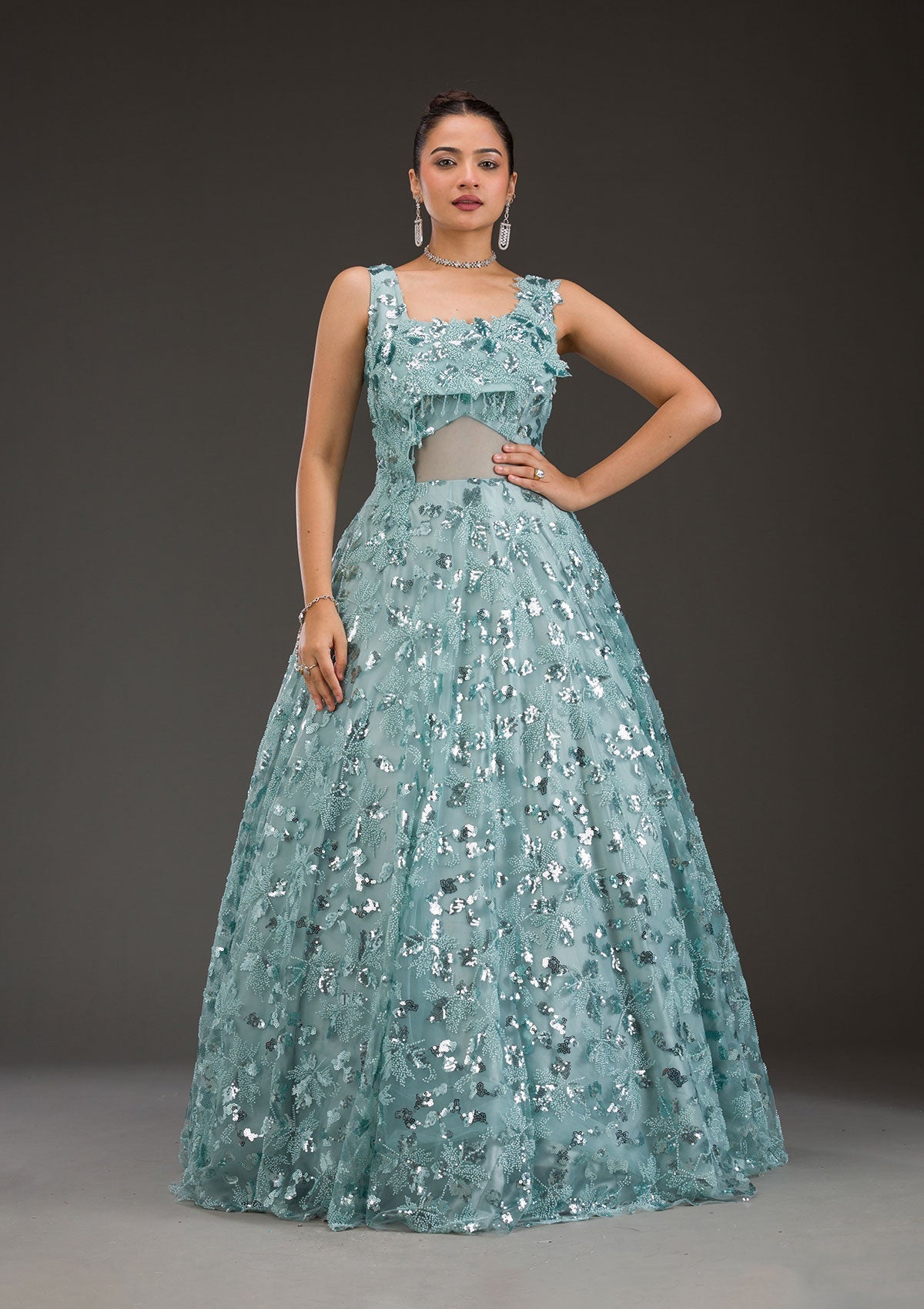 Sea Green Sequins Net Gown-Koskii