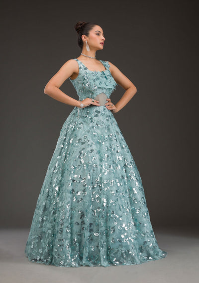 Sea Green Sequins Net Gown-Koskii