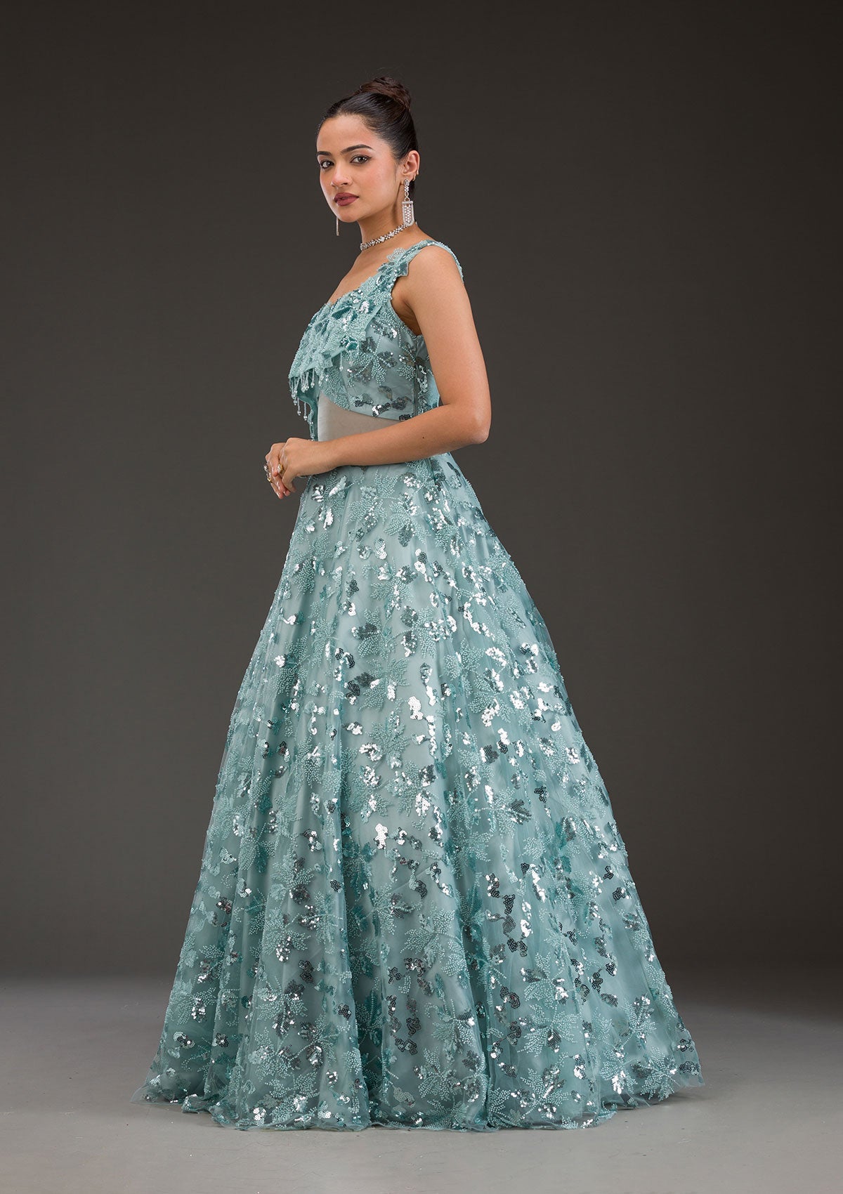 Sea Green Sequins Net Gown-Koskii