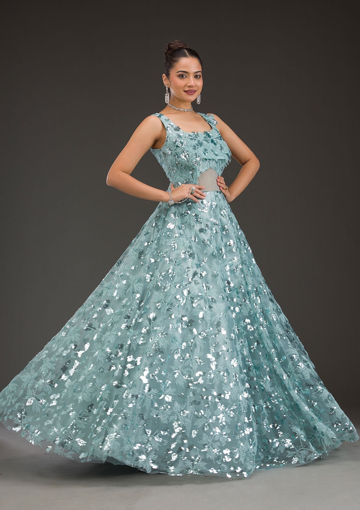 Sea Green Sequins Net Gown-Koskii