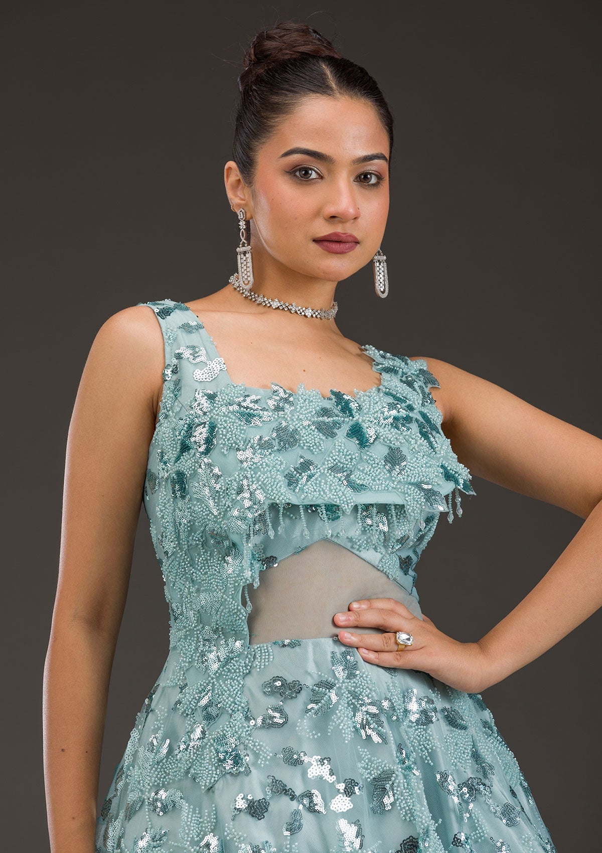 Sea Green Sequins Net Gown-Koskii