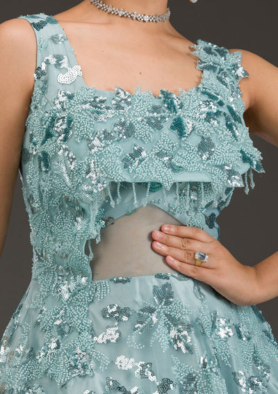 Sea Green Sequins Net Gown-Koskii